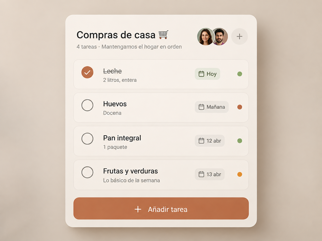 Pantalla de Todoest con una lista compartida de la compra, cuatro tareas y dos personas colaborando